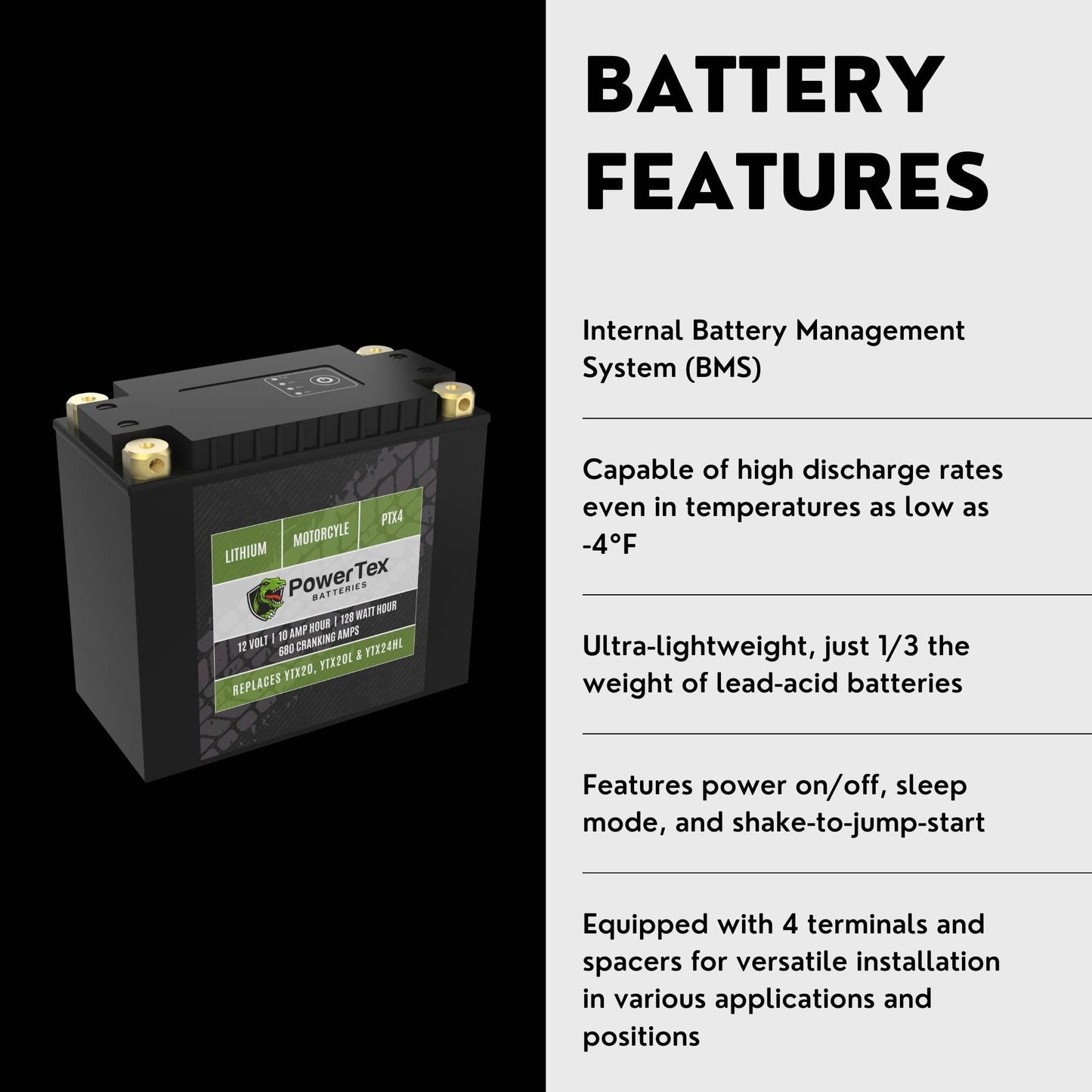 PowerTex Batteries YTX20H-BS LiFePO4 Lithium Iron Phosphate Motorcycle Battery
