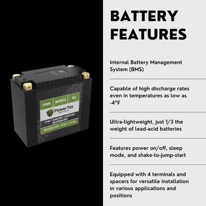 PowerTex Batteries YTX20H-BS LiFePO4 Lithium Iron Phosphate Motorcycle Battery