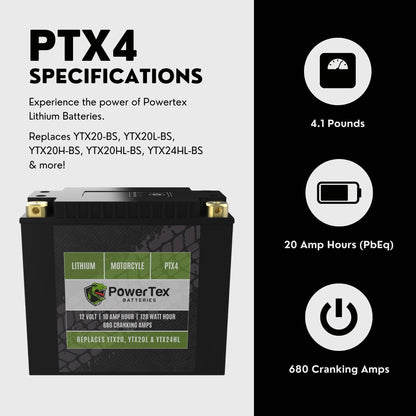 PowerTex Batteries YTX20HL-BS LiFePO4 Lithium Iron Phosphate Motorcycle Battery