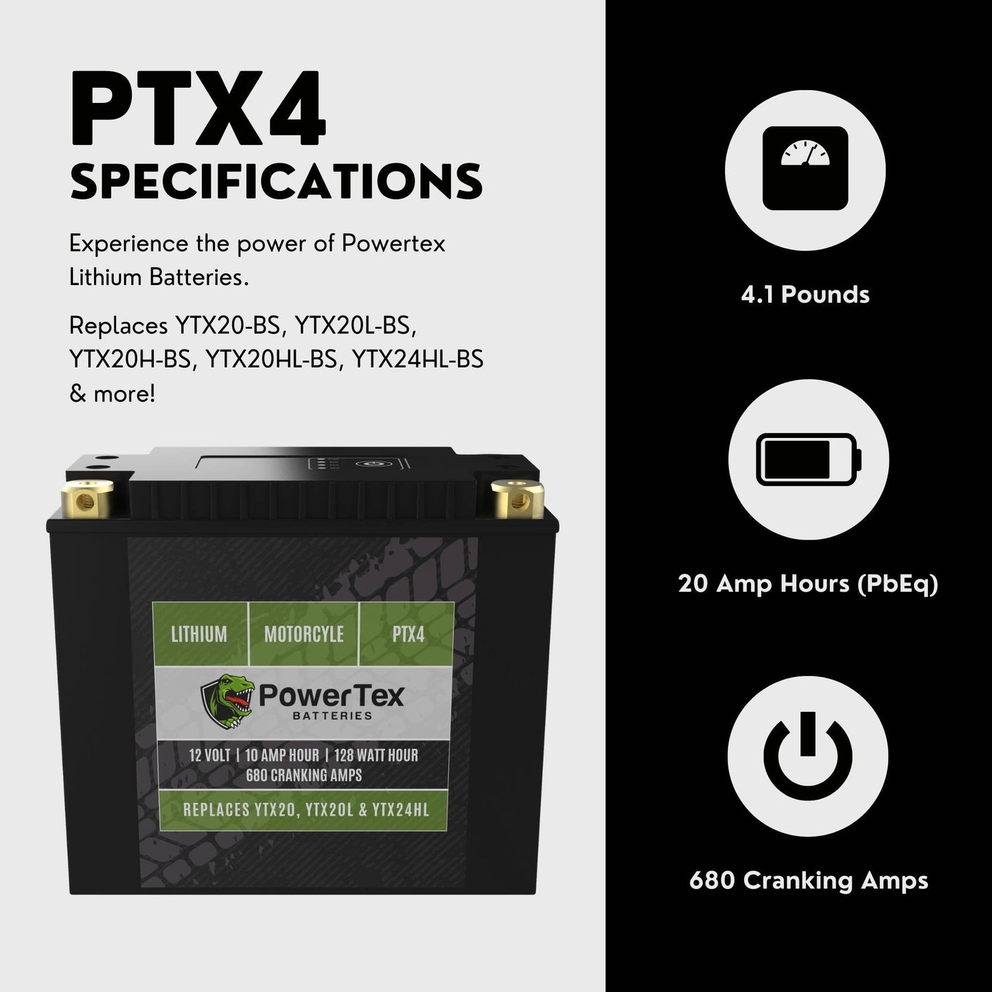 PowerTex Batteries YTX20H-BS LiFePO4 Lithium Iron Phosphate Motorcycle Battery