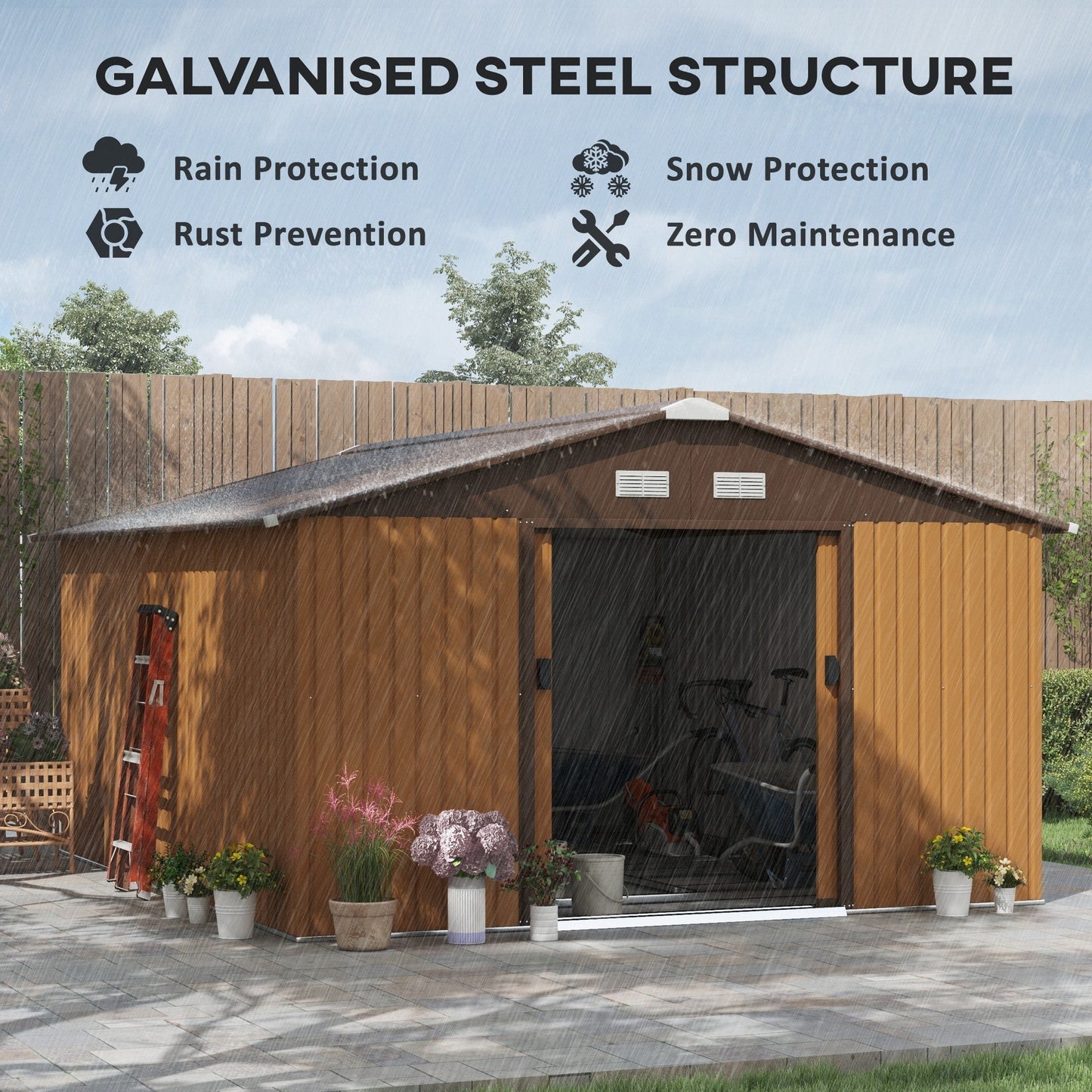 Outsunny EverBase 11' x 13' Outdoor Storage Shed with Double Lockable Door & Air Vents, Yellow - 845-031V01YL