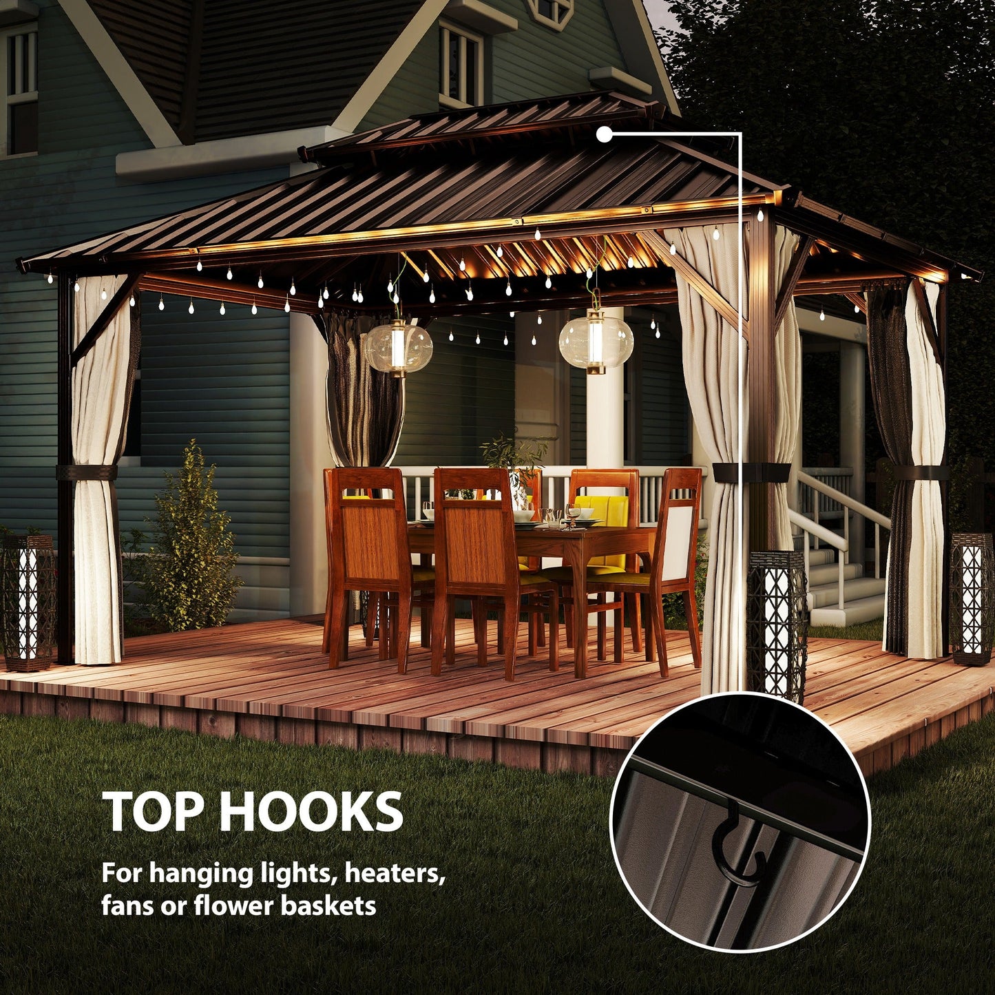 10' x 14' Hardtop Gazebo with Curtains and Netting, Brown