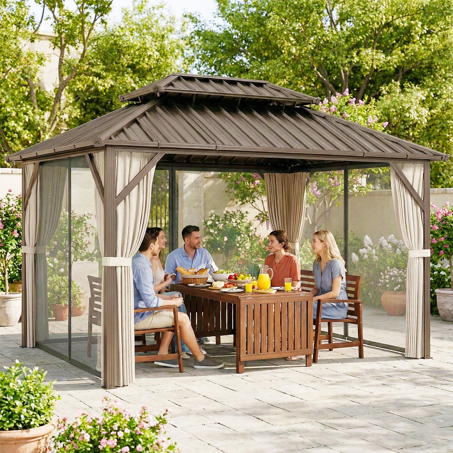 10' x 14' Hardtop Gazebo with Curtains and Netting, Brown