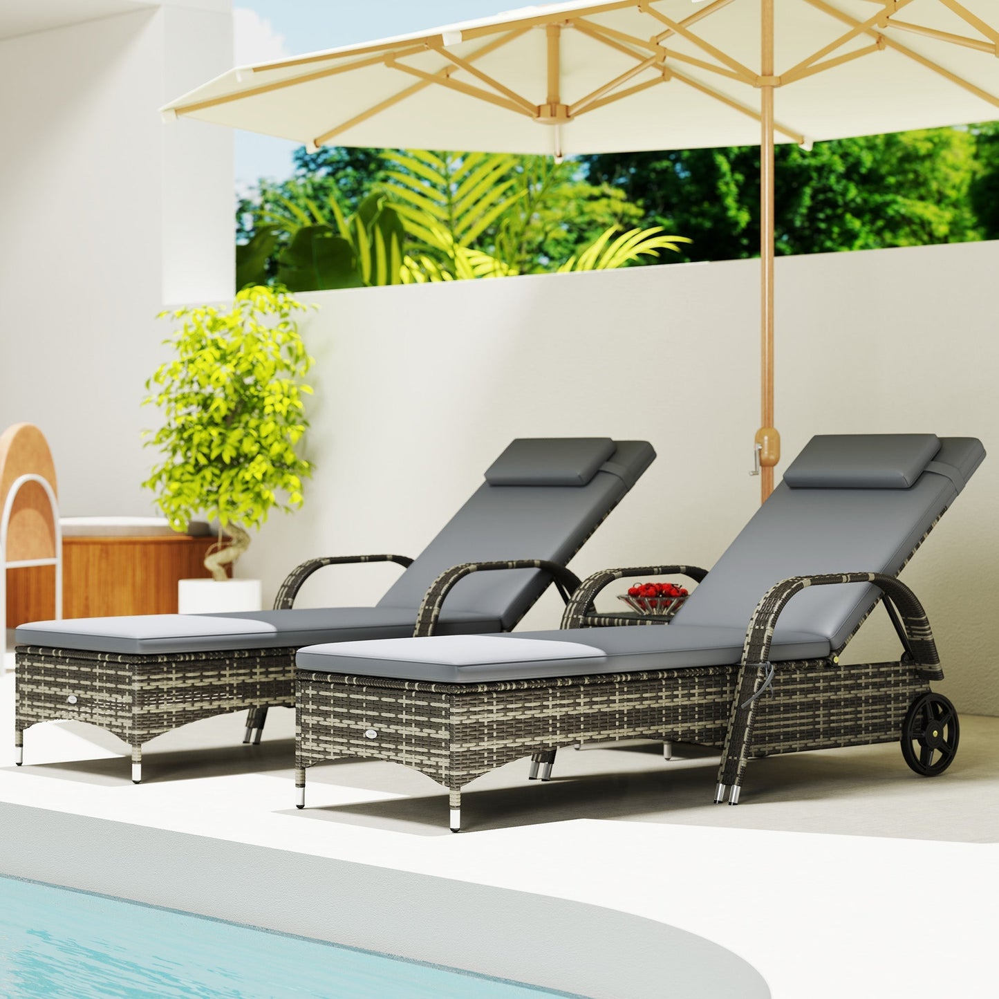 Outsunny 3-Piece Wicker Chaise Lounge Chair Set with Side Table, 5-Level Adjustable Backrest, Gray - 862-014V02GY