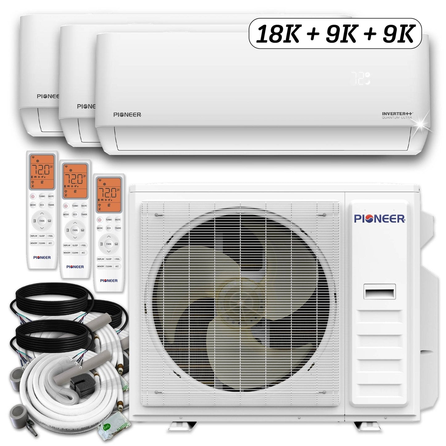 Pioneer Triple Split 36000 BTU 3-Ton Quantum Ultra Wi-Fi 22.5 SEER2 Energy-Star Multi (3) Zone Wall Mount Air Conditioner Heat Pump 230-Volt - WYT040GLSI24M4-12W-12W-12W
