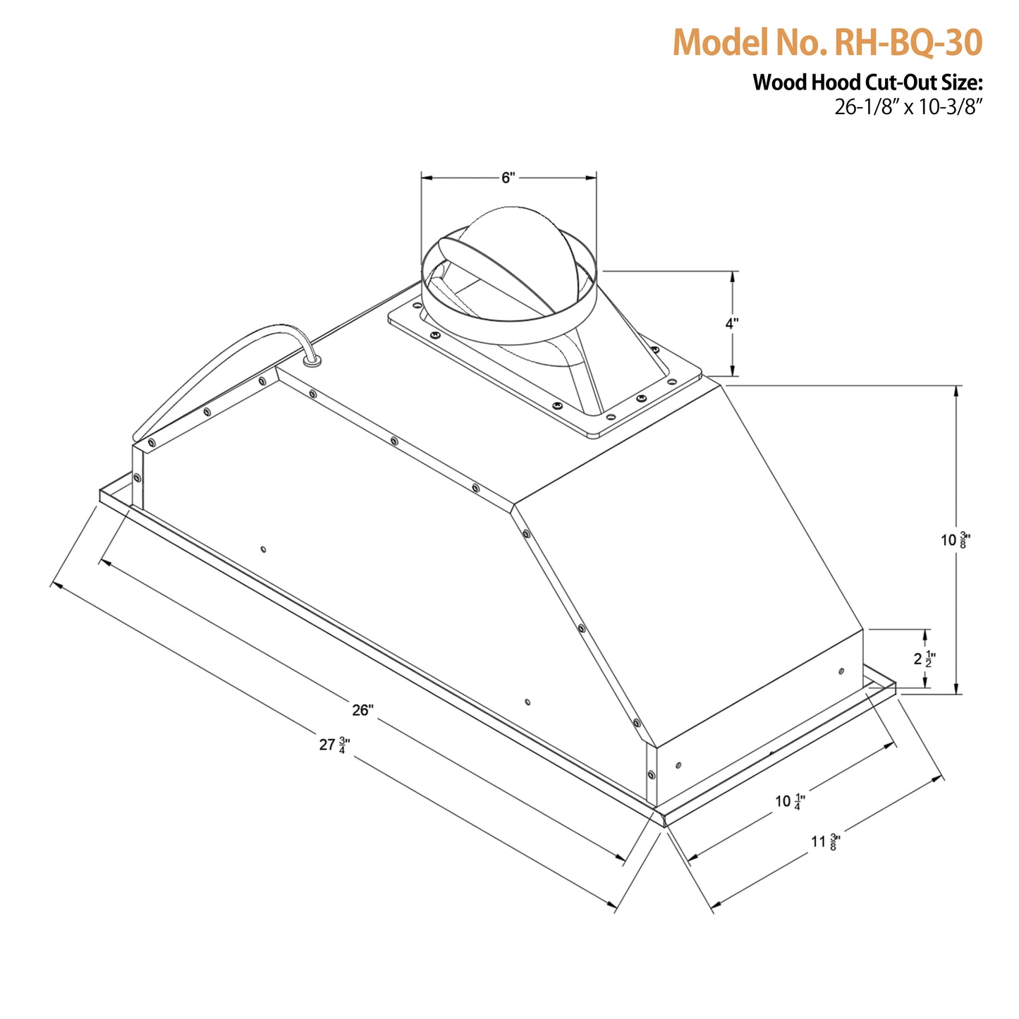 RH-BQ-DTLS Range Hood Insert - Ductless - 600 CFM - 6" Round Top Vent