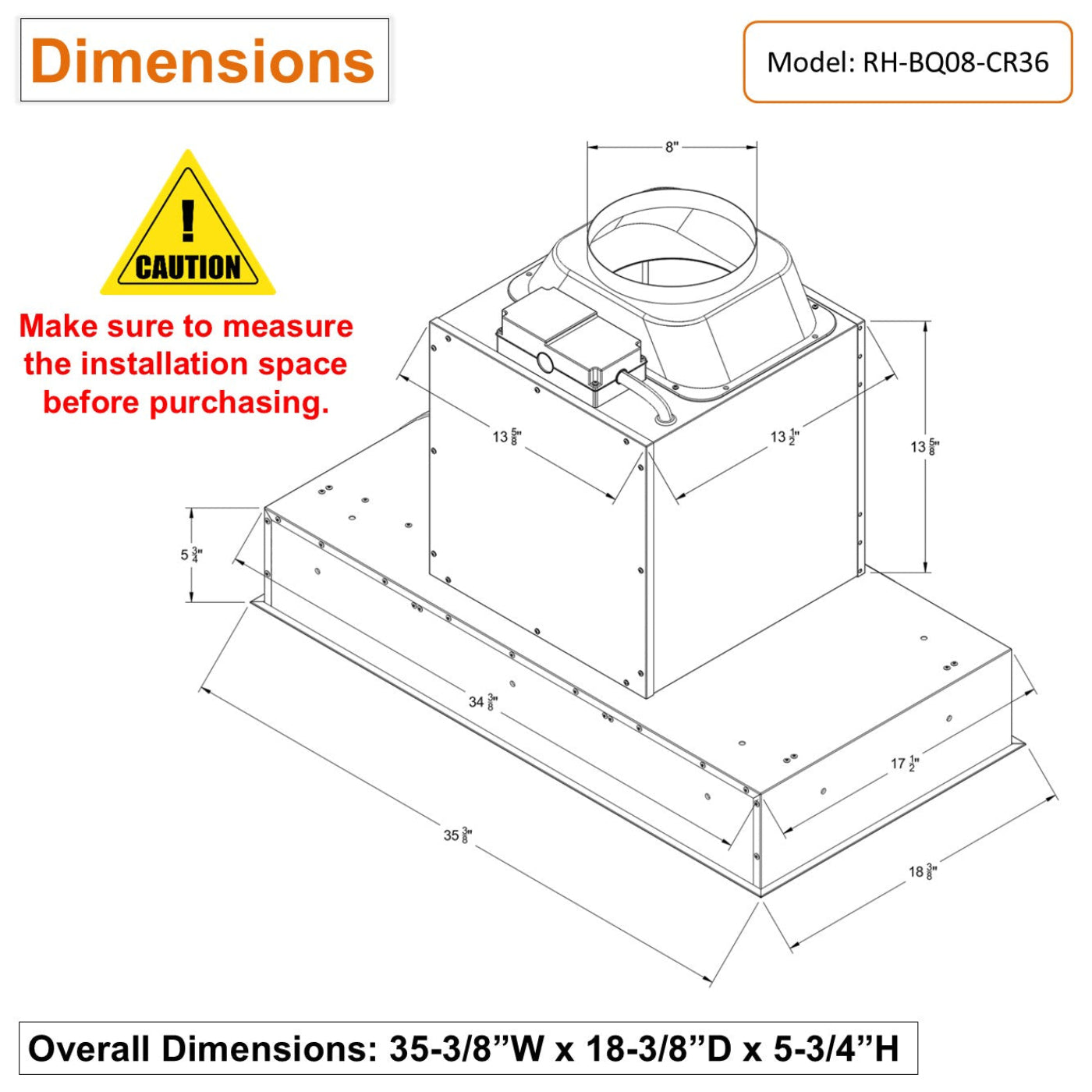 AWOCO  RH-BQ08-CR Ceiling Mount Range Hood - Insert & Island - 1000 CFM - AWC-RH-BQ08-CR30