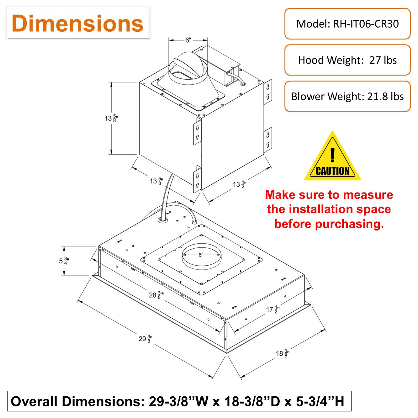 AWOCO  RH-IT06-CR Ceiling Mount Range Hood- Split Insert - 800 CFM & 6" Vent - AWC-RH-IT06-CR30