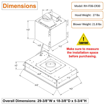 AWOCO  RH-IT06-CR Ceiling Mount Range Hood- Split Insert - 800 CFM & 6" Vent - AWC-RH-IT06-CR30