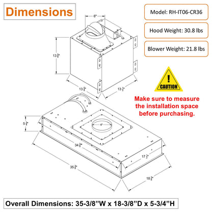 AWOCO  RH-IT06-CR Ceiling Mount Range Hood- Split Insert - 800 CFM & 6" Vent - AWC-RH-IT06-CR30