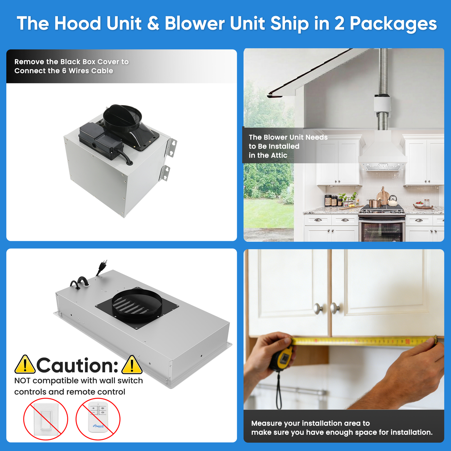 Awoco RH-IT08-M 14-1/2"D Super Quiet Split Insert Stainless Steel Range Hood, 4 Speeds with a 8" Blower Unit, 1000CFM, LED Lights - RH-IT08-M30-COLD