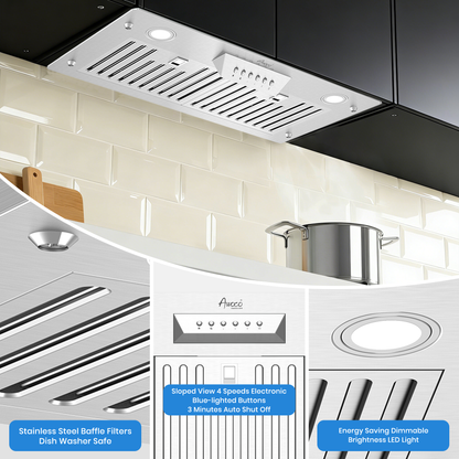 Awoco RH-IT08-M 14-1/2"D Super Quiet Split Insert Stainless Steel Range Hood, 4 Speeds with a 8" Blower Unit, 1000CFM, LED Lights - RH-IT08-M30-COLD