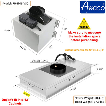 AWOCO  RH-IT06-V Ceiling Mount Range Hood - Split Insert - 800CFM - 6" Blower - RH-IT06-V30-COLD
