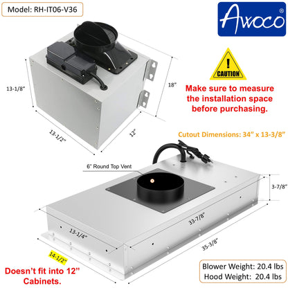 AWOCO  RH-IT06-V Ceiling Mount Range Hood - Split Insert - 800CFM - 6" Blower - RH-IT06-V30-COLD