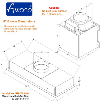 Awoco RH-IT08 11-3/4"D Super Quiet Split Insert Stainless Steel Range Hood, 4 Speeds with a 8” Blower Unit, 1000CFM, Mesh Filters, LED Lights - RH-IT08-30-COLD