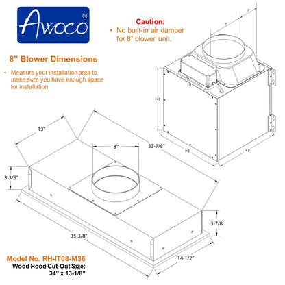 Awoco RH-IT08-M 14-1/2"D Super Quiet Split Insert Stainless Steel Range Hood, 4 Speeds with a 8" Blower Unit, 1000CFM, LED Lights - RH-IT08-M30-COLD