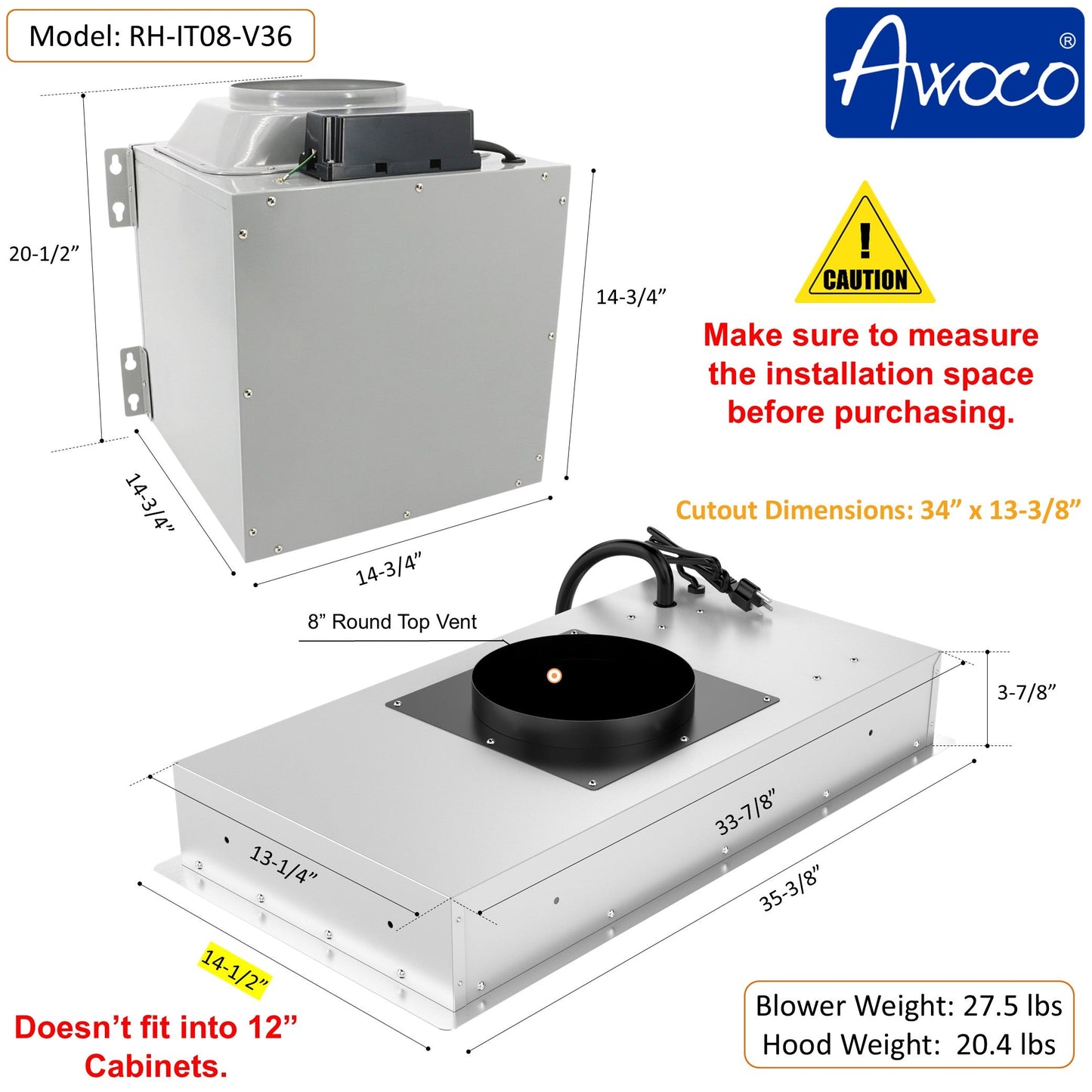 AWOCO  RH-IT08-V Ceiling Mount Range Hood - Split Insert - Voice & Gesture - RH-IT08-V30-COLD