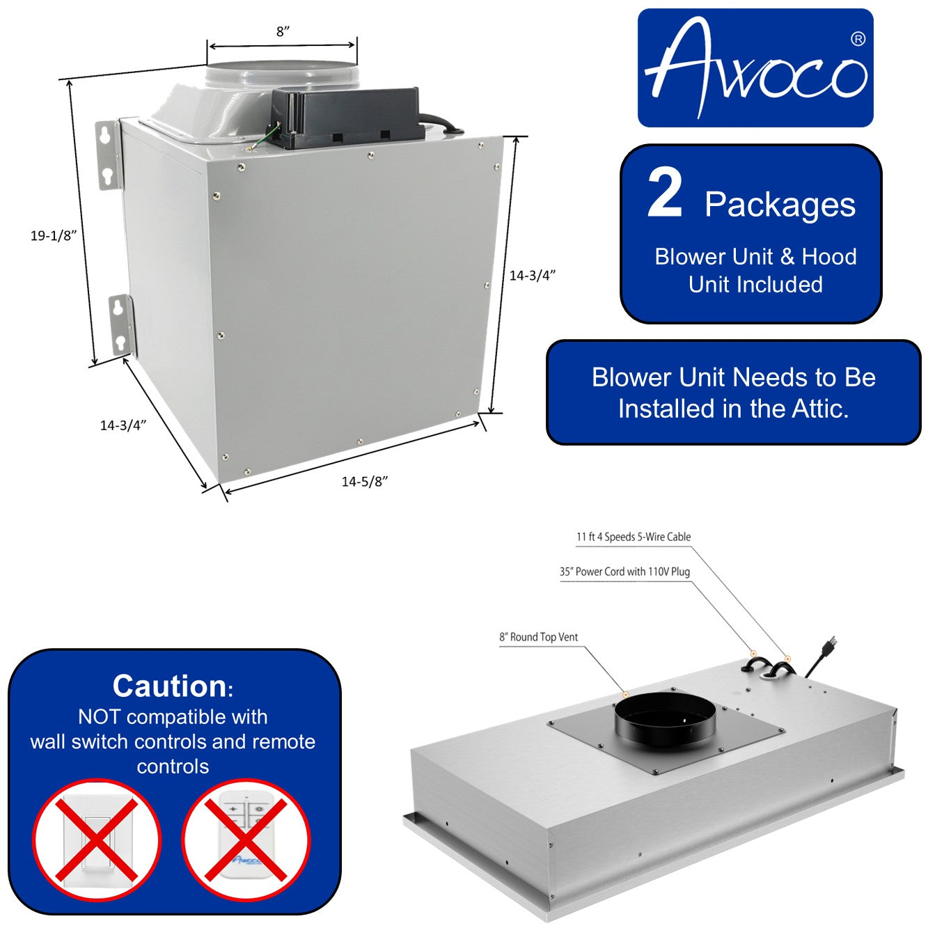 Awoco RH-IT08-M 14-1/2"D Super Quiet Split Insert Stainless Steel Range Hood, 4 Speeds with a 8" Blower Unit, 1000CFM, Mesh Filters, LED Lights