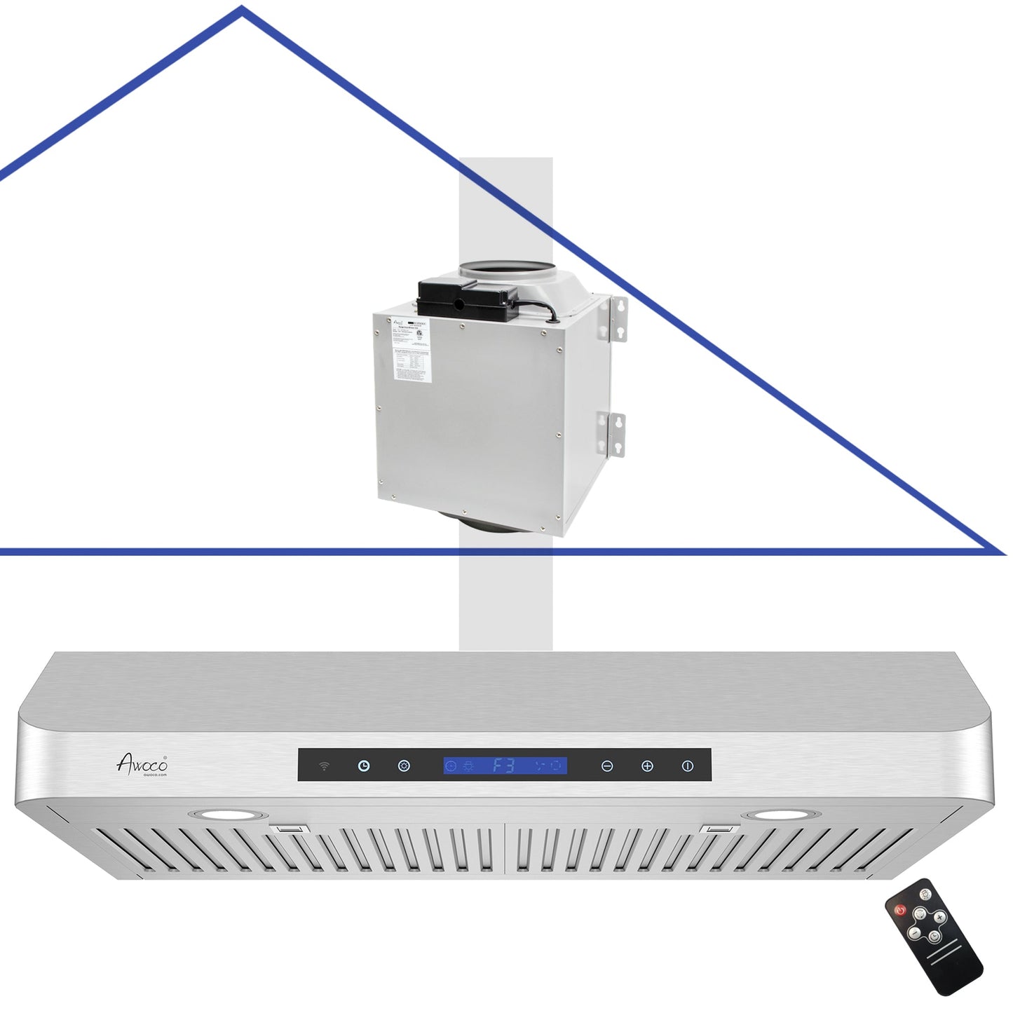 AWOCO  RH-SP08-T Quiet Split Range Hood - 8 inch Round Top Vent - 1000CFM - RH-SP08-T30