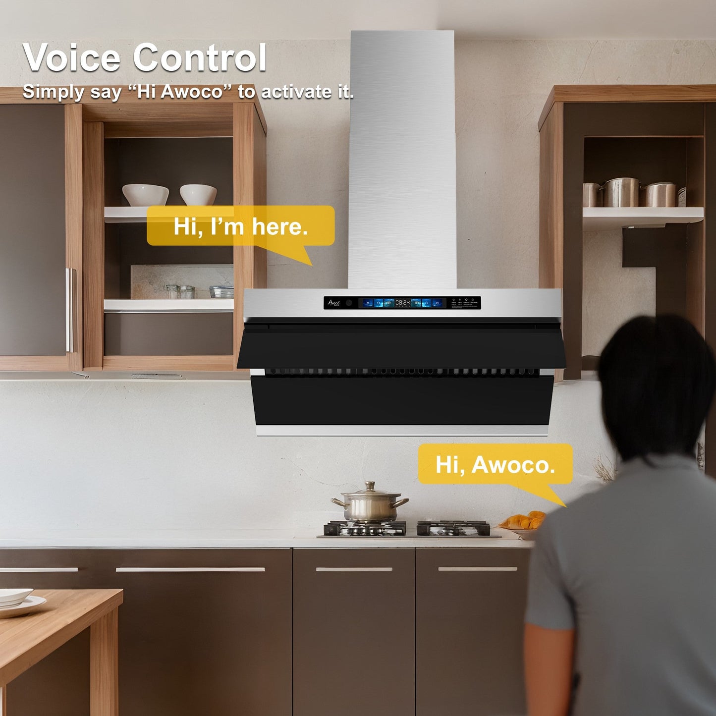 Awoco RH-SX Wall Mount Range Hood, Side-Draft Design, 4 Speeds Exhaust Fan with 800 CFM, Voice, Gesture, Touch & Remote Control, 6" Vent, Dimmable LED Light Bars - AWC-RH-SX30+Chimney