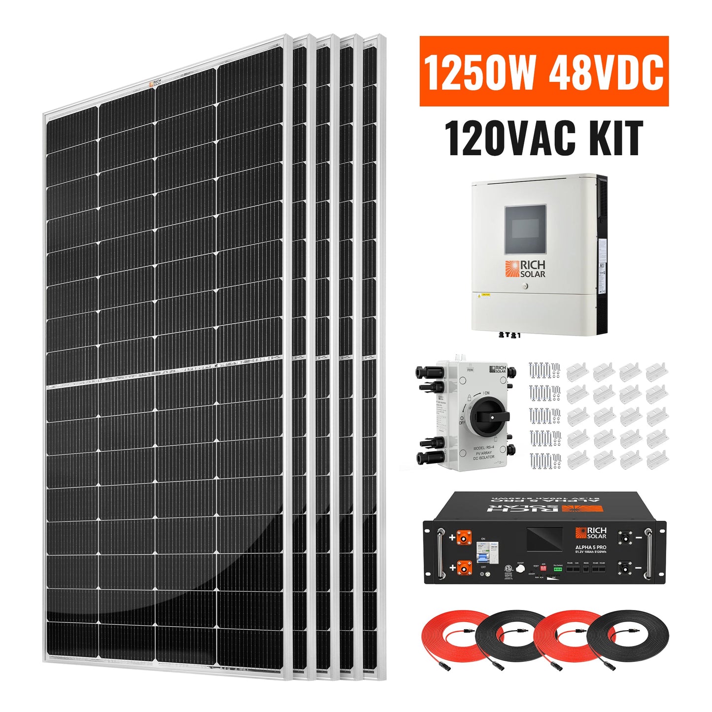 Rich Solar 1250W 48VDC-120VAC Solar Kit - RS-CBK1250