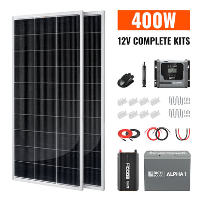 Rich Solar Complete 400W Solar Kit with Battery & Inverter | Off-Grid Solar Power System for RVs, Vans, Cabins & Backup Power | Complete Energy Solution - RS-CK400