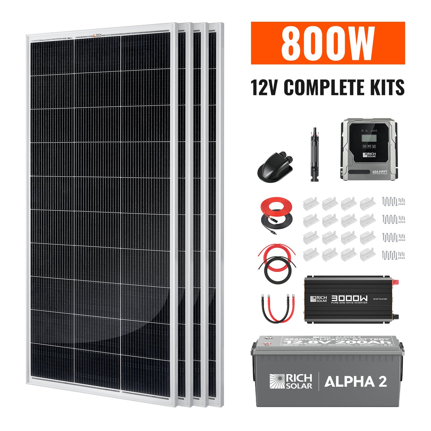 Rich Solar Complete 800W Solar Kit with Battery & Inverter | Off-Grid Solar Power System for RVs, Vans, Cabins & Backup Power | Complete Energy Solution - RS-CK800