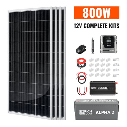 Rich Solar Complete 800W Solar Kit with Battery & Inverter | Off-Grid Solar Power System for RVs, Vans, Cabins & Backup Power | Complete Energy Solution - RS-CK800