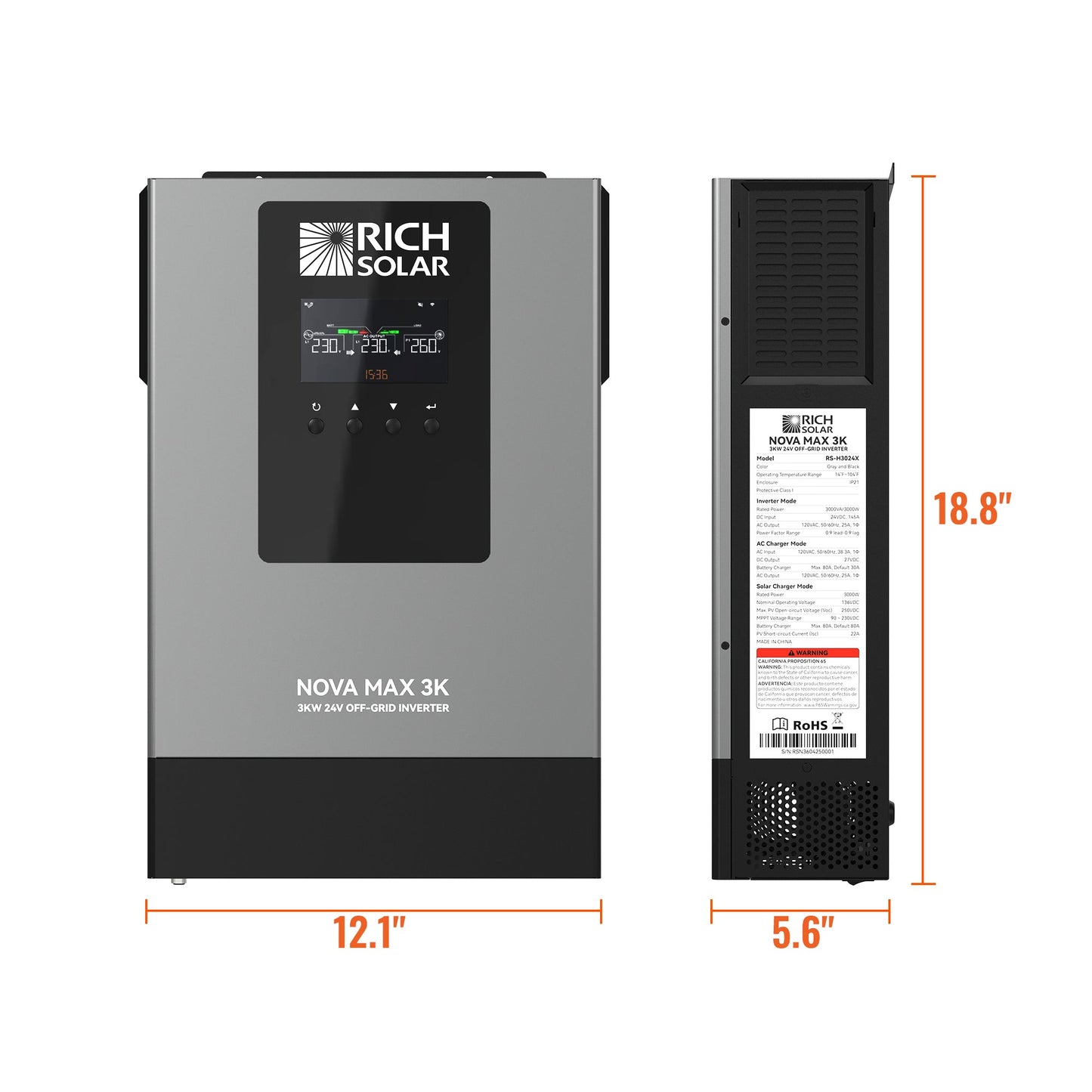 Rich Solar MAX 3K 2026 | 24V 3000W Off-Grid Hybrid Inverter | Pure Sine Wave Power for RVs, Campers, Vans, Trailers, Boats & Off-Grid Systems - RS-H3024X
