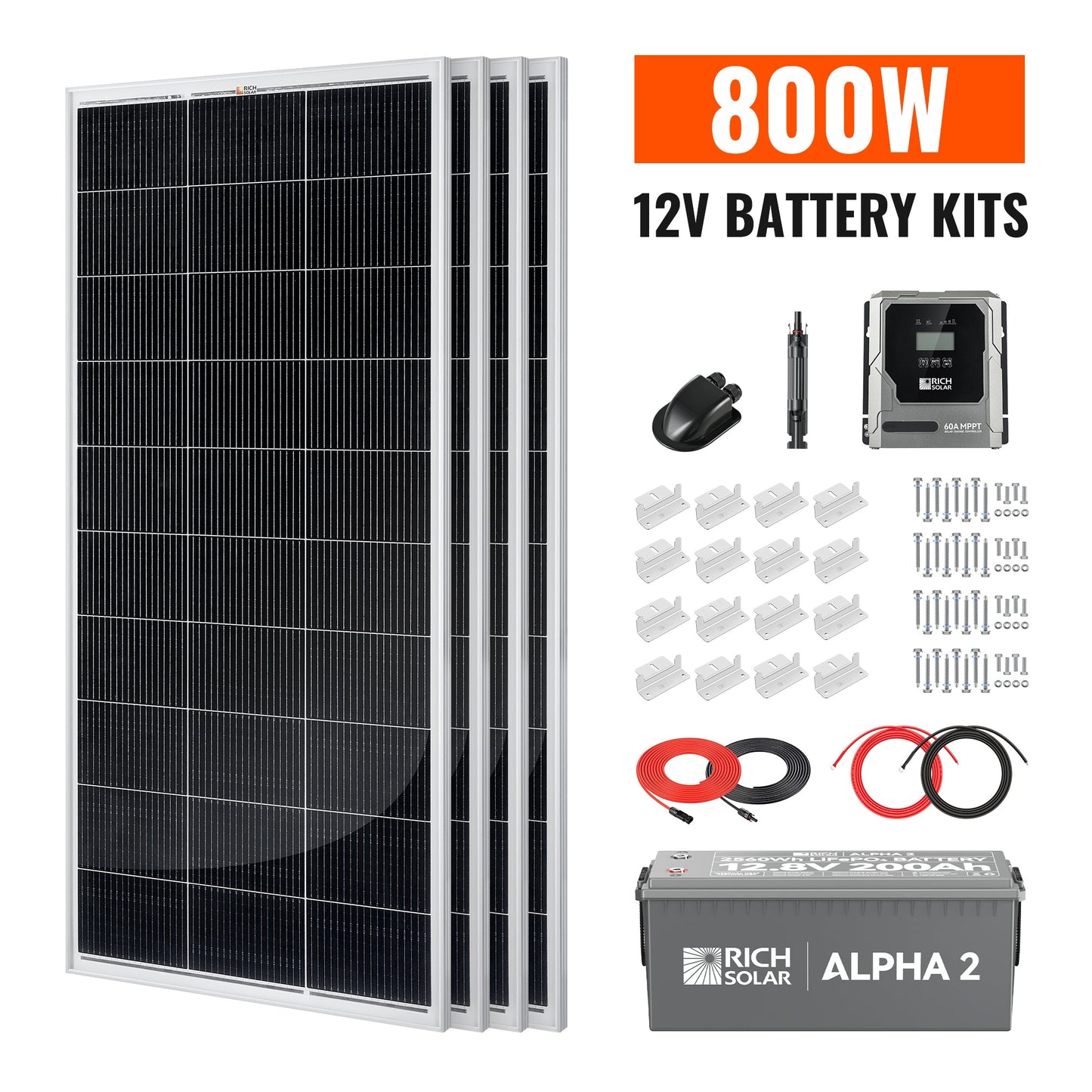 Rich Solar 800W Solar Kit with Battery | Solar + Energy Storage Kit for RVs, Vans & Off-Grid Applications | Expandable Solar Power - RS-K800B