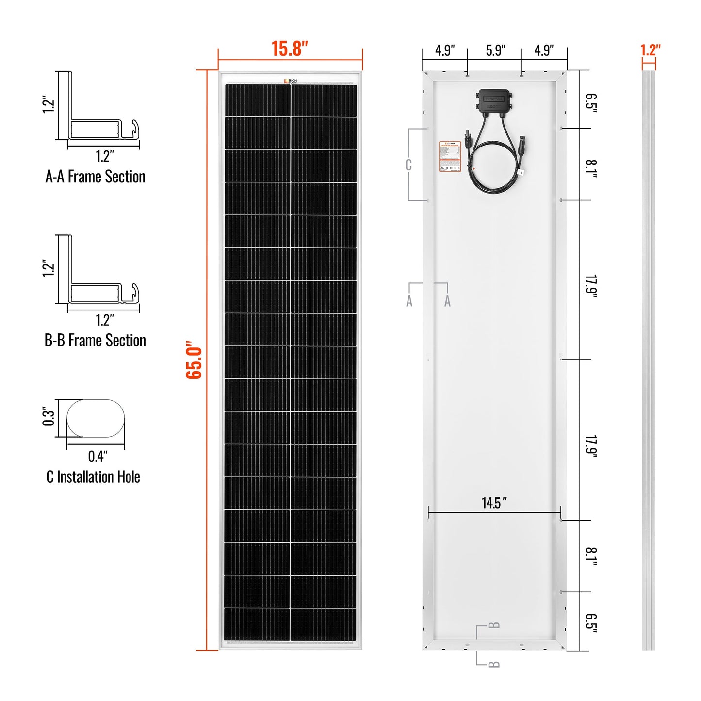 Rich Solar 130 SLIM | 130 Watt Slim Solar Panel | Compact 12V Narrow Panel for Vans, Campers, Boats  - RS-M130SL