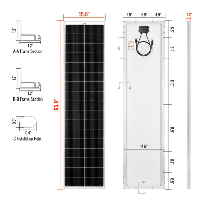 Rich Solar 130 SLIM | 130 Watt Slim Solar Panel | Compact 12V Narrow Panel for Vans, Campers, Boats  - RS-M130SL