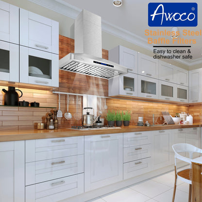Awoco RH-WT Wall Mount Stainless Steel Range Hood, 4 Speeds, 6” Round Top Vent, 900CFM, 2 LED Lights, with Remote Control - RH-WT-30