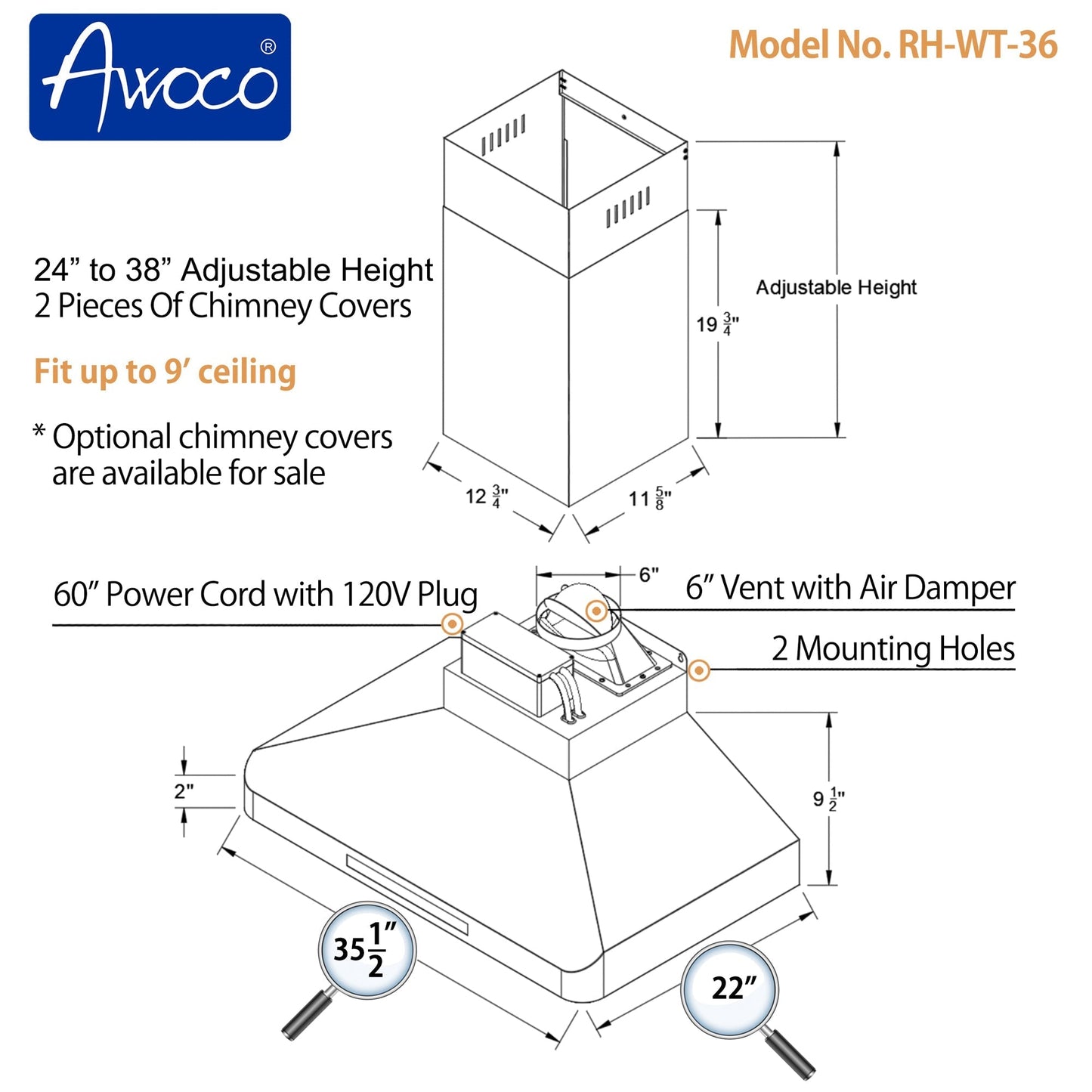 Awoco RH-WT Wall Mount Stainless Steel Range Hood, 4 Speeds, 6” Round Top Vent, 900CFM, 2 LED Lights, with Remote Control - RH-WT-30
