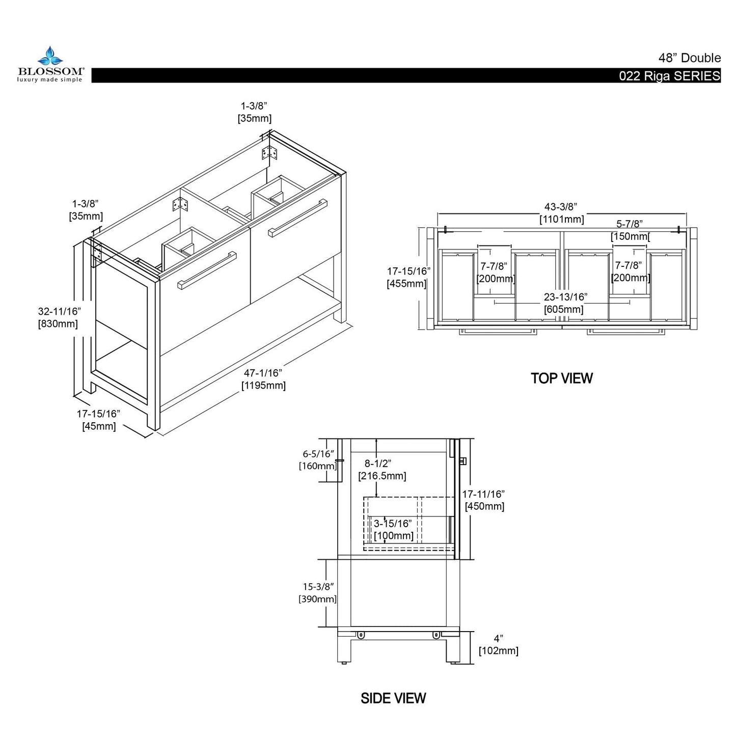 Blossom Riga 48 Inch Bathroom Vanity – Double Sinks - V8022 48 01D