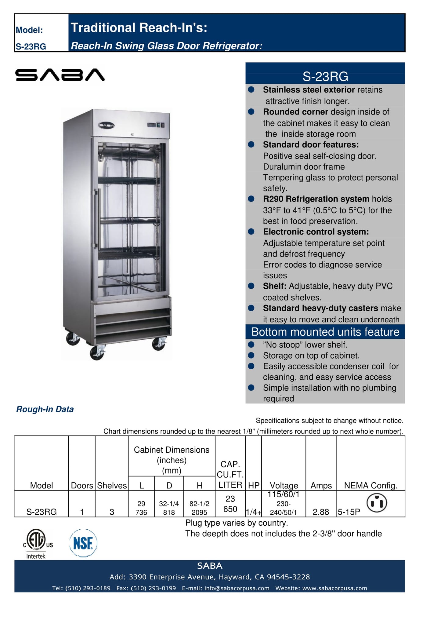 SABA- One Glass Door Commercial Reach-In Cooler -  S-23RG