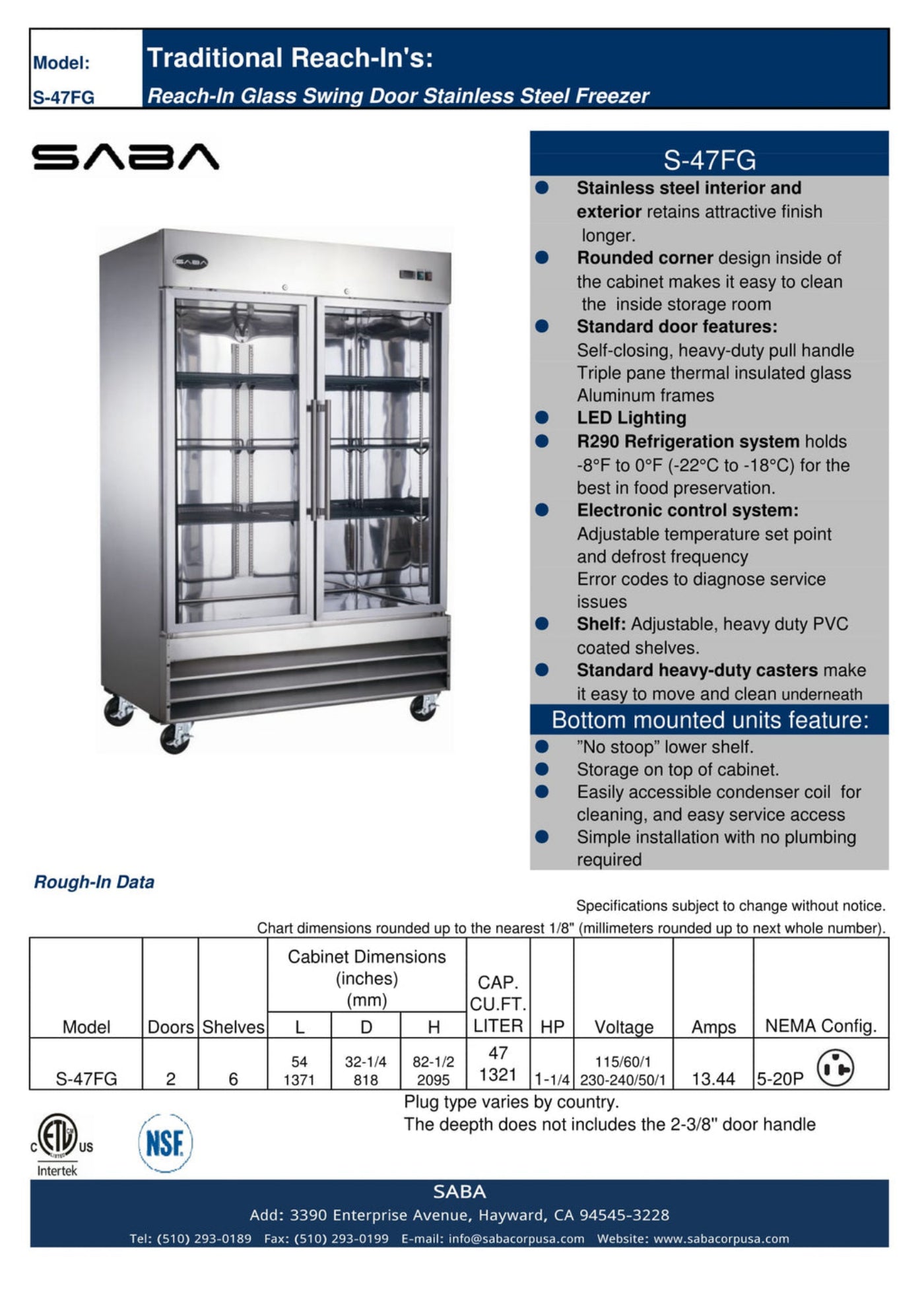 SABA Two Glass Door Commercial Reach-In Freezer - S-47FG