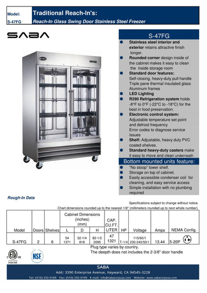 SABA Two Glass Door Commercial Reach-In Freezer - S-47FG