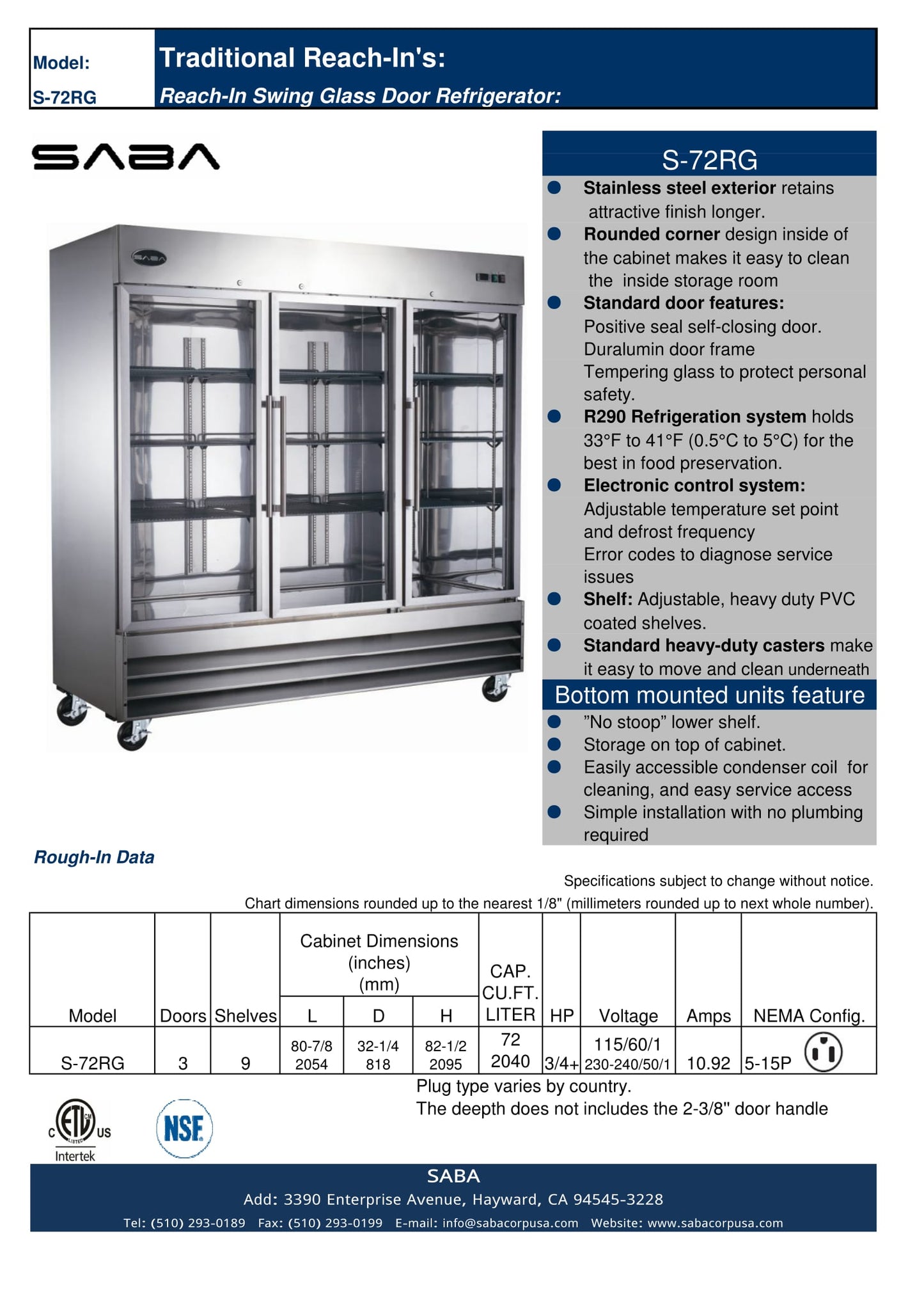SABA  Three Glass Door Commercial Reach-In Cooler - S-72RG