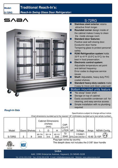 SABA  Three Glass Door Commercial Reach-In Cooler - S-72RG