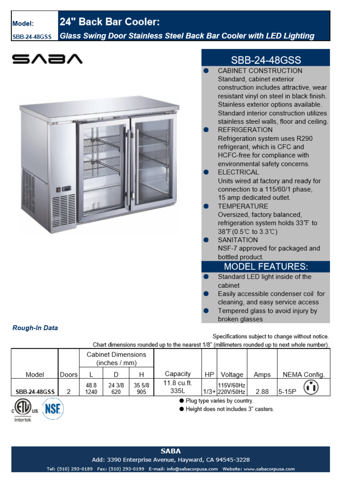 SABA SBB-24-48GSS - 24" Depth 48" Two Glass Door Commercial Back Bar Cooler (Stainless Steel)