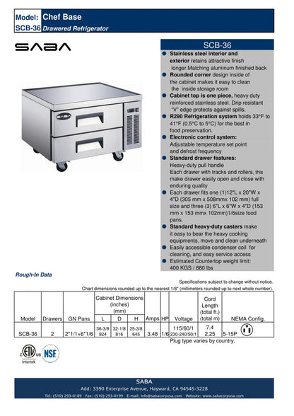SABA  36" Two Drawer Commercial Chef Base Cooler - SCB-36