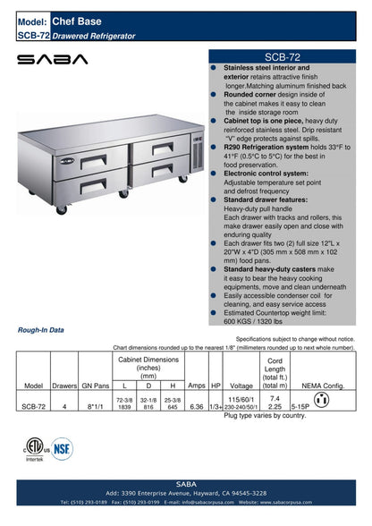 SABA 72" Four Drawer Commercial Chef Base Cooler - SCB-72