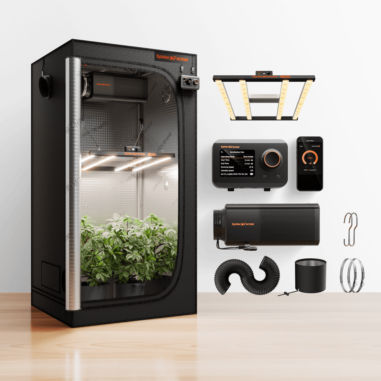 Spider Farmer® 3×3′ Grow Tent Kit丨SE3000 WiFi &amp; Bluetooth App-Controlled LED Grow Light丨2-In-1 Ventilation System with GGS Controller