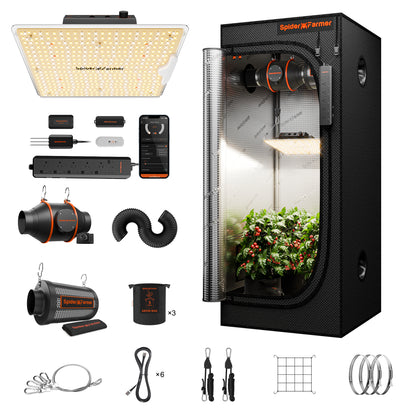 2026 Spider Farmer® 2’x2′ GGS AC5 Power Strip Complete Grow Tent Kits丨SF1000D Full Spectrum Dimmable LED丨4” Ventilation System