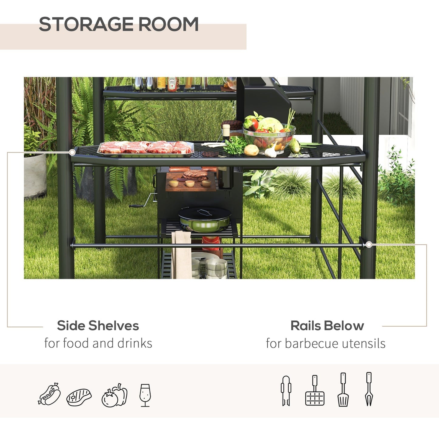 Outsunny 8' x 5' Grill Gazebo Shelter with Vented PC Roof, Side Shelves - 84C-237V01CG