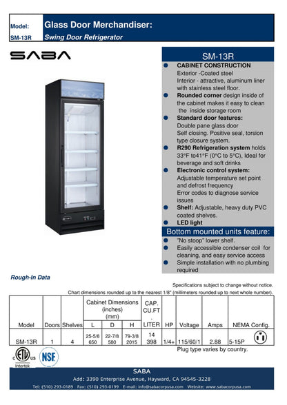 SABA  One Glass Door Commercial Merchandiser Cooler - SM-13R