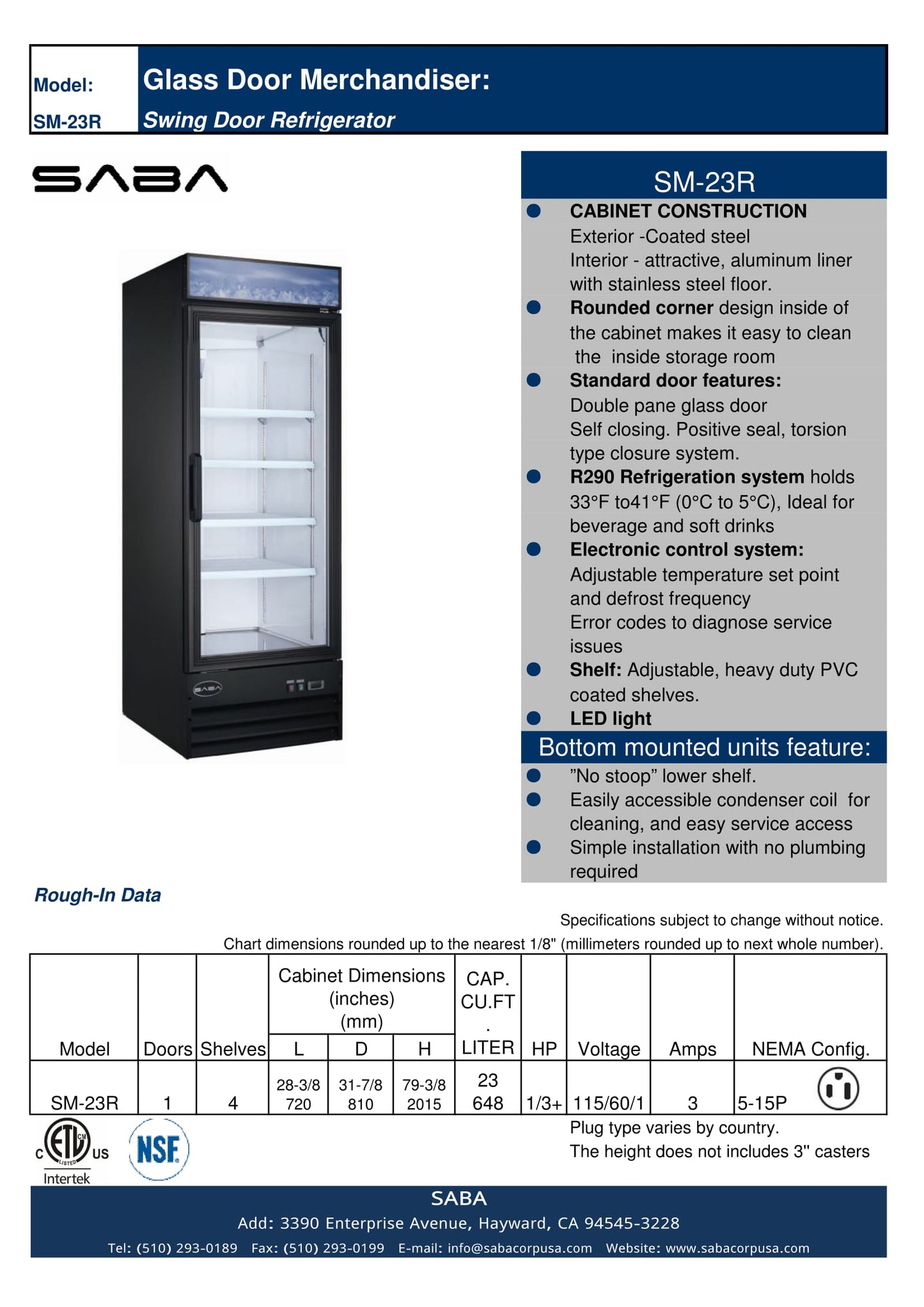 SABA - One Glass Door Commercial Merchandiser Cooler -  SM-23R