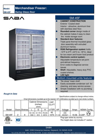 SABA Two Glass Door Commercial Merchandiser Freezer - SM-45F