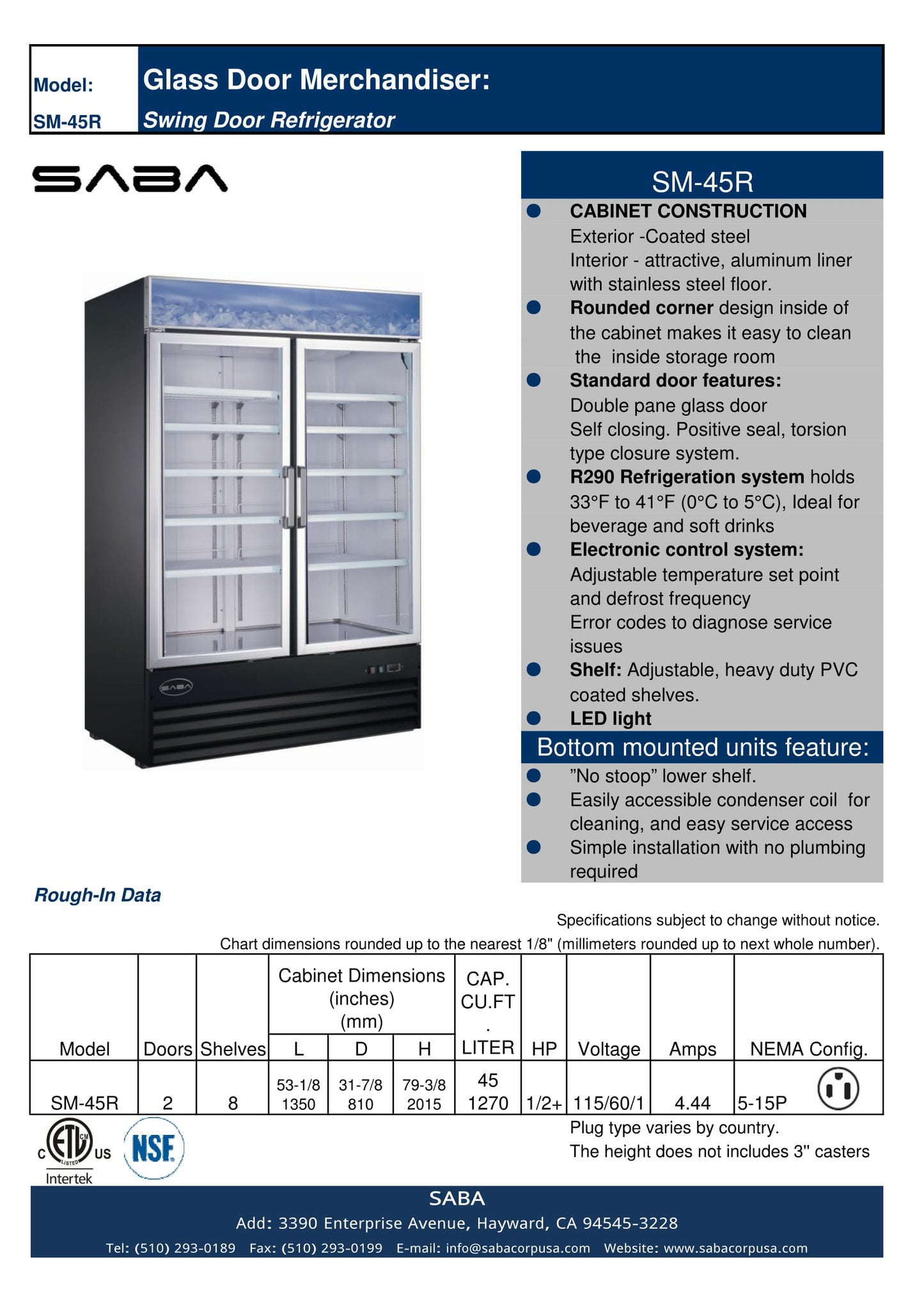 SABA  - Two Glass Swing Door Commercial Merchandiser Cooler - SM-45R